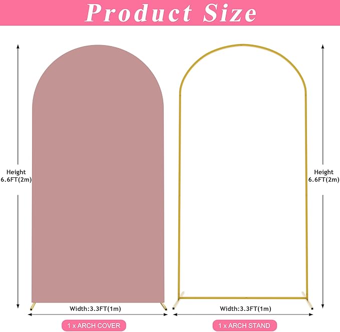 Putros 6.6ft Metal Arch Stand with Cover Light Dusty Rose Spandex Fitted Wedding Arch Cover and Round Top Chiara Backdrop Stand Set for Birthday Party Baby Shower Decoration