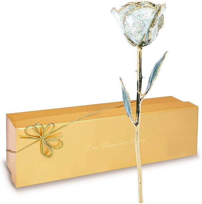 Forever Rose Hand-Dipped in 24K Gold, Opal Inspired October Birthstone with Sparkles, Real Rose in Luxury Gold Gift Box – Perfect Ready to Gift for October Birthday or Any Occasion