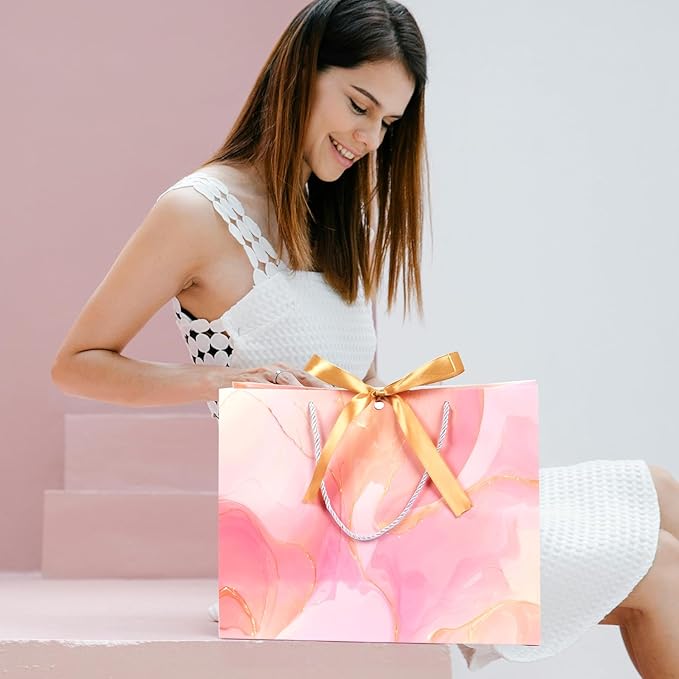 MAMUNU Pink Gift Bags, 2PCS 13” Large Gift Bags with Tissue Paper and Greeting Cards, Gift Bag with Handles Bow for Women Girls, Pink Gift Bags for Birthday Wedding Bridal Baby Shower Anniversaries