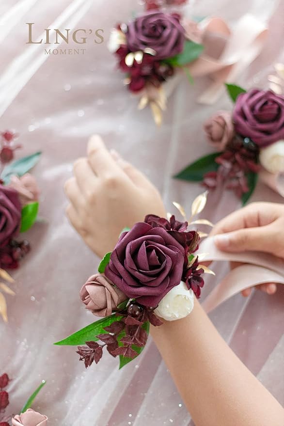 Ling's Moment Set of 6 Wrist Corsage for Wedding Ceremony for Bridesmaid Mother Grandmother for Bridal Shower Wedding Flower Prom, Marsala & Burgundy