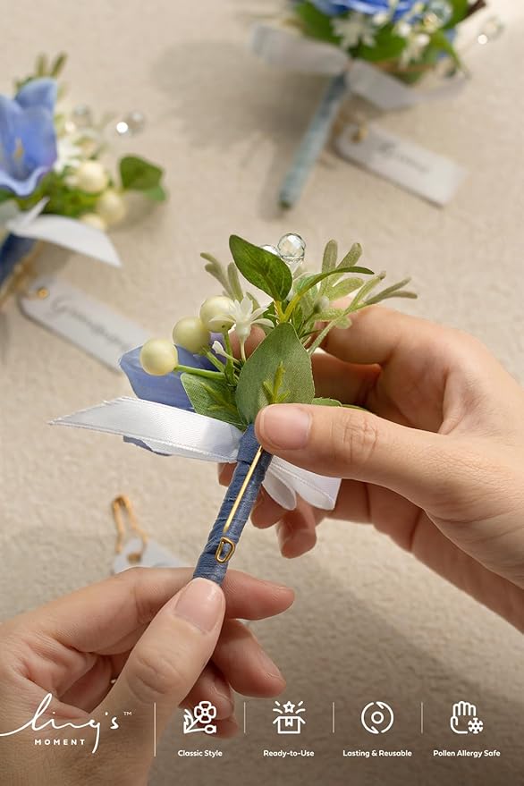 Ling's moment Boutonniere for Men, 6pcs Groom Groomsmen Boutonniere, Artificial Flowers for Wedding Decor/Prom/Homecoming, etc.Provence Blue Berry