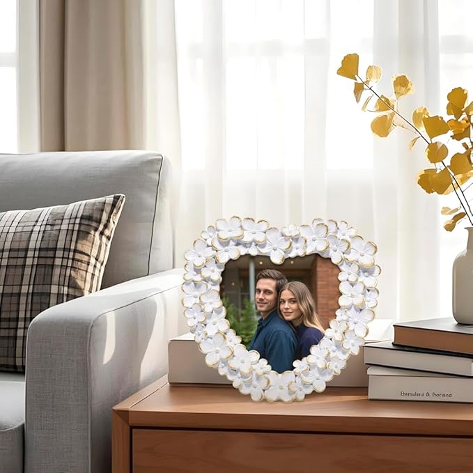 Hodao 4x4 Inch 3D Floral Heart Shaped Frame - Hand-Crafted Resin Picture Frame with White & Gold Accents for Wedding, Valentine’s Day & Romantic Home Decor (White Gold-Heart)