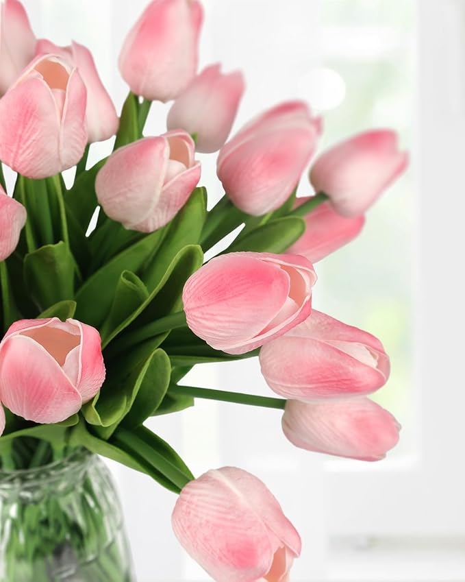 MACTING 30 PCS Artificial Tulip Flowers 13.7" Real Touch Fake PU Tulips Bouquet Faux Flowers for Floral Arrangements Table Centerpiece Kitchen Home Indoor Outdoor Summer Decorations(Peach Pink)