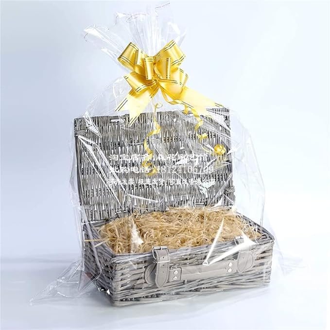 100 Packs Large Cellophane Bags 18" x 24" Clear Cellophane Gift Basket Wraps 2.3 Mil Thick Transparent Cello Bags for Fruit Basket, Gift Wrap, Treats, Arts and Crafts, 100ct Yellow Ribbon Bows
