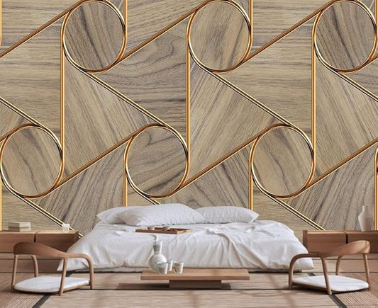 Golden Stripes and Circles and Imitation Wood Grain Wallpaper, Large Wall murals for bedrooms, Living Rooms, restrooms(Non-self-Adhesive)