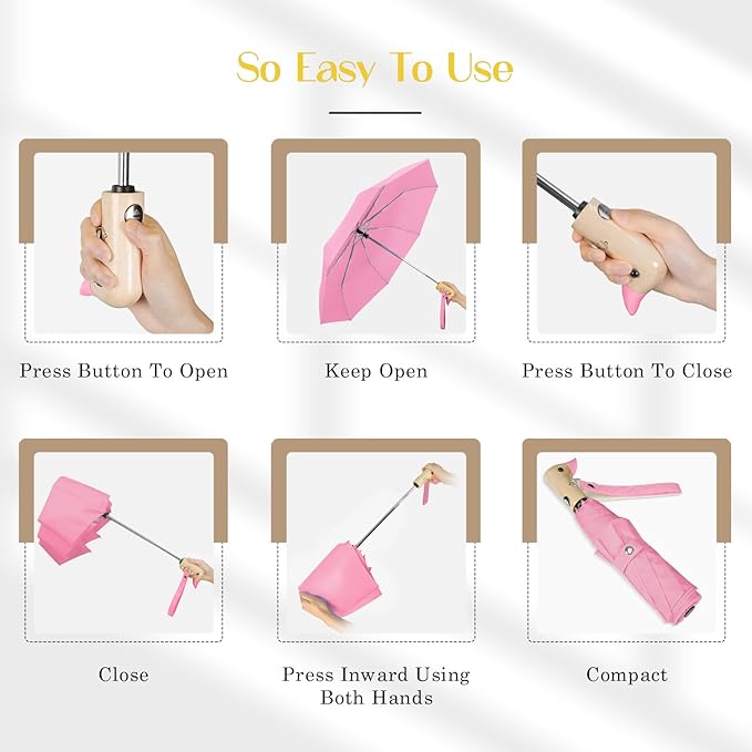 Cute Duck Umbrella Automatic - Compact Pretty Pocket Size Strong Duck Collapsible Umbrella Yellow Wooden Handle for Women
