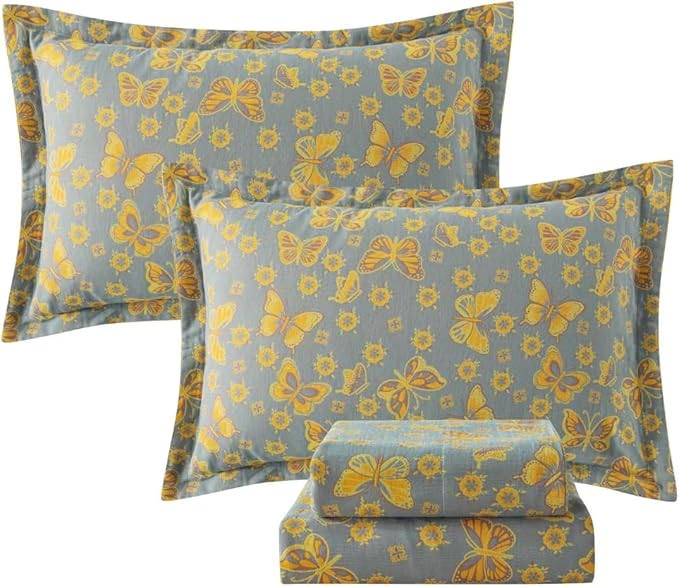 FADFAY Butterfly Sheets Set Queen Vintage Yellow Grey Floral Bedding Shabby Farmhouse Bedding Super Soft Washed Double -Layer Muslin Sheets 100% Cotton Deep Pocket Fitted Sheet 4Pcs, Queen Size