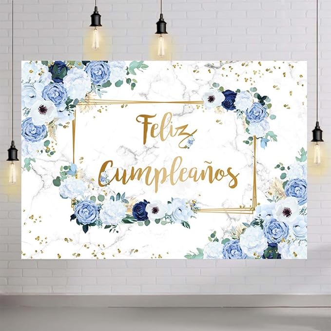 MEHOFOND 8x6ft Feliz cumpleaños Backdrop Blue and White Flowers Birthday Photography Background Girls Geometric Gold Glitter Dots Birthday Floral Party Decorations Cake Smash Decor Studio Photo Props