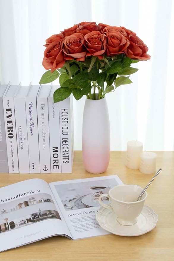 Artificial Rose Flower Artificial Flowers Flower with Long Stem Silk Roses Bouquet for Wedding Bridal Shower Party Home Decoration (Burnt Orange, 12 Pcs)