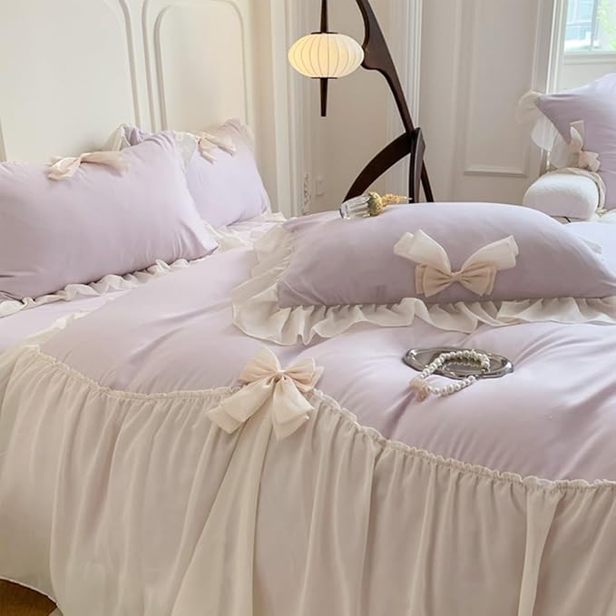 Ruffled Bedding Bow Duvet Cover Set with Butterfly Tie, Soft Brushed Microfiber Shabby Chic Bedding Set with Zipper Closure-Pureple,Full Size