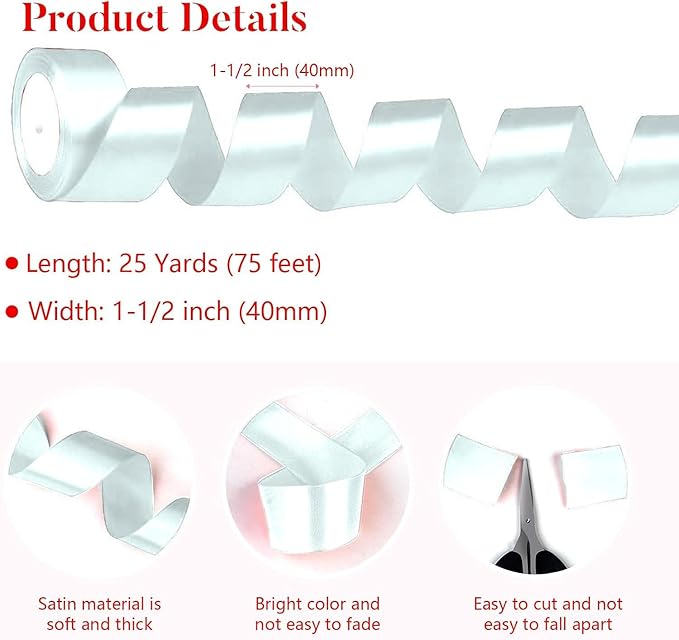 White Satin Ribbon 1-1/2 Inch x 2 Rolls White Wide Satin Fabric Ribbon for Gift Packaging, Christmas, Wedding, Flower Bouquet, Holiday Party, Invitation