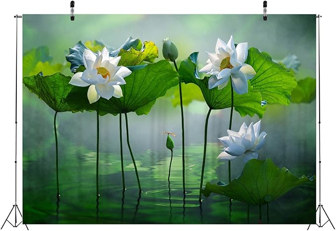 BELECO 15x8ft Fabric Lotus Flower Backdrop Lotus Garden Blooming White Lotus Flowers Pond Background Wall Decor Photo Booth Shoot Studio Props Wallpaper
