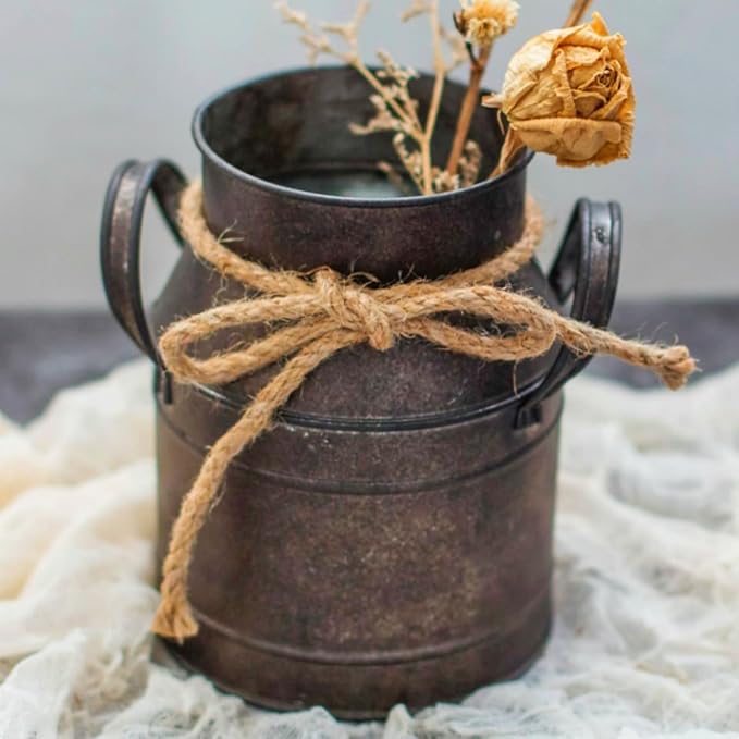 Primitive Distressed Iron Vase Bucket,Shabby Chic Classy Designed Metal Vase,Vintage Rustic Antique Decorative Flower Vase for Birthday Gift,Home Decor,Wedding,Party(5.5" L x 3.5" W x 5.9" H)