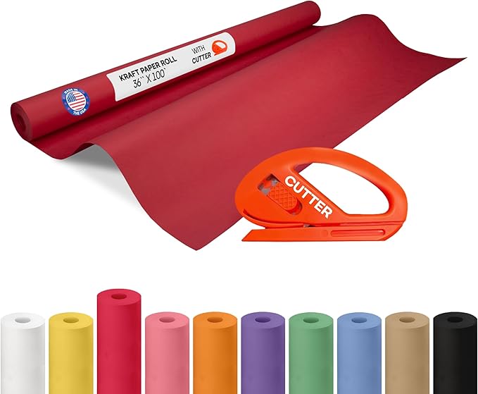 Christmas Red Kraft Paper Roll 36" x 1200" (100 feet) with Cutter - USA-Made Wrapping Paper for Packing, Moving, Shipping & Crafts/Arts - 100% Recyclable Natural Craft Material by IDL Packaging
