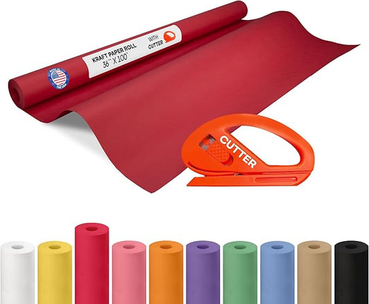 Christmas Red Kraft Paper Roll 36" x 1200" (100 feet) with Cutter - USA-Made Wrapping Paper for Packing, Moving, Shipping & Crafts/Arts - 100% Recyclable Natural Craft Material by IDL Packaging