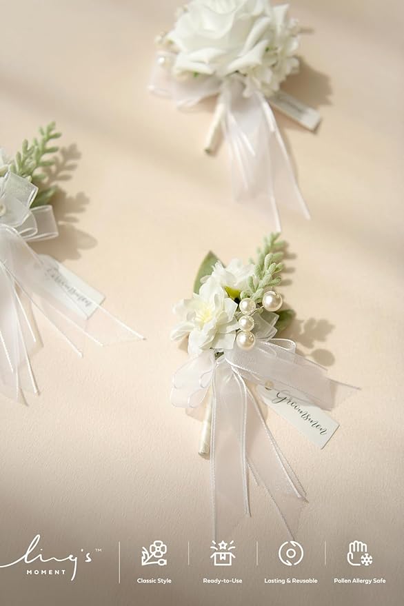 Ling's moment Boutonniere for Men, 6pcs Groom Groomsmen Boutonniere, Artificial Flowers for Wedding Decor/Prom/Homecoming, etc.Snow White