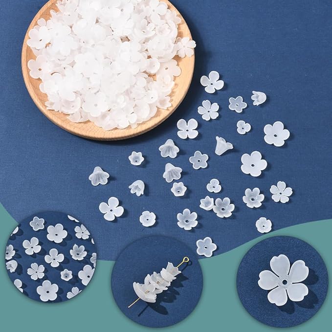 SUNNYCLUE 1 Box 600Pcs 10 Styles Acrylic Flower Beads White Lily Flower Beads Frosted Plastic Trumpet Bell Floral Spacer End Caps for Jewelry Making DIY Craft Bracelets Earrings Necklaces Decorations