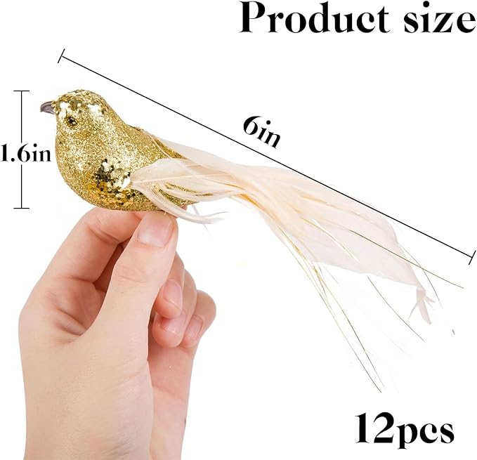 Cosweet 12 Pcs Gold Cardinal Artificial Birds with Clip - Cardinal Bird Christmas Ornament with Feather Wreath Flower Arrangement Supplies for Xmas Tree Party Decor DIY Craft Gifts