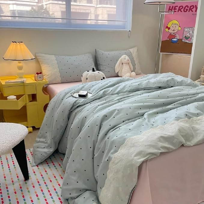 LifeTB Lace Comforter Set Full Size Cute Black Dots Bedding Set Lightweight Soft Girls Princess Style Comforter with 2 Pillowcases Romantic Lace Design Chic Polka Dots Comforter Set for All Seasons