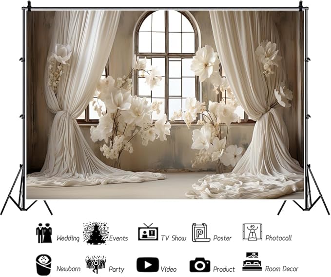 9x6ft Wedding Party Decorations Banner Backdrop Wedding Reception Photography Backdrop White Floral Flowers Curtains French Frame Photo Backgrounds Baby Shower Photo Shoot Portraits Props