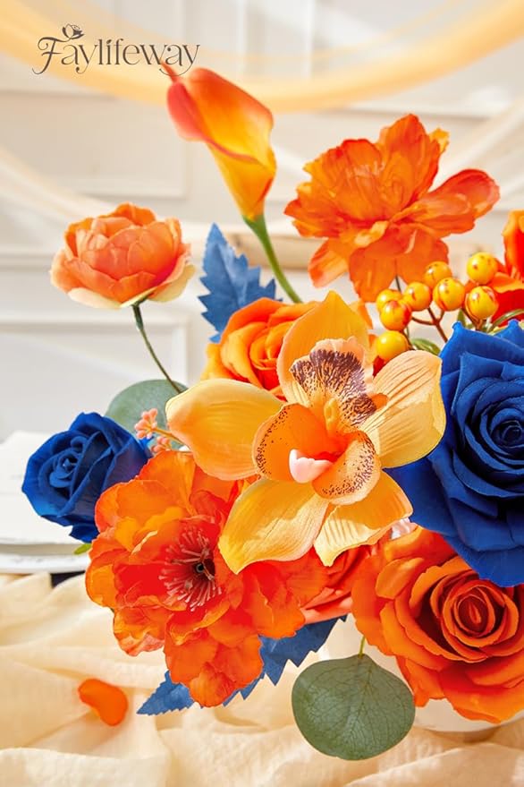 Faylifeway Artificial Flowers, Fall Orange and Red Silk Flowers for DIY Wedding Bridal Bouquets, Fall Fake Cake Flowers for Table Centerpieces Party Home Decorations
