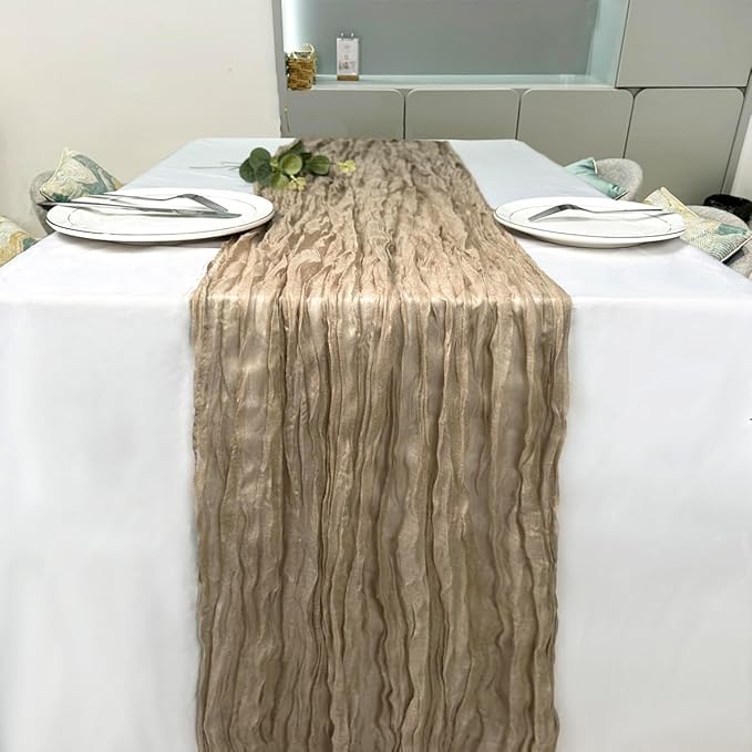 Booque Valley Nude Cheesecloth Table Runner 120 Inch 10ft Super Soft Boho Wrinkled Gauze Sheer Cloth for Baby Shower Birthday Bridal Shower Wedding Centerpiece Table Decoration, 6 Pack , Tan