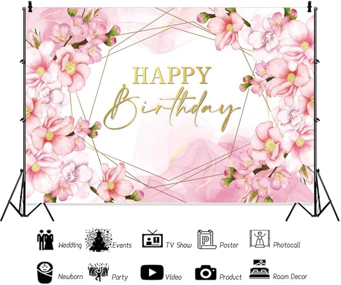 Chloroplastid 10x6.5ft Floral Happy Birthday Backdrop for Girls Pink Blooming Floral Party Decorations Photography Background Watercolor Flowers Women Birthday Party Decor Banner Photo Props