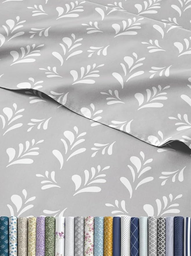 Floral Sheets - Grey & White Bed Sheet Set - 1 Flat, 1 Fitted & 2 Pillowcases w/ Deep Pockets - Comfy, Wrinkle & Fade Free - Boho Botanical Bedding - Ultra-Soft, Breathable & Cooling - King Size Set