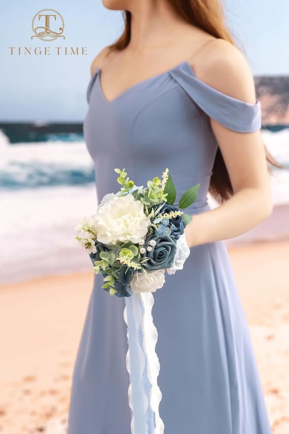 TINGE TIME 7 Inch Artificial Flowers Wedding Bouquets for Bridesmaid, Set of 4, Dusty Blue Bride Tossing Bouquet for Rustic Wedding Ceremony Bridal Shower Rehearsal Dinner Vintage Party