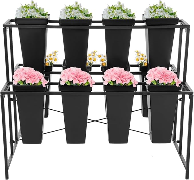 Flower Display Stand with 12 Pcs Buckets 3 Layers Metal Plant Stand Plant Cart Shelf Flower Bucket Rack Stand for Indoor Florist Garden Patio (Black Stand-Black Square Buckets)