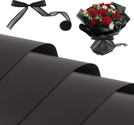 Kosotody 20 Sheets Waterproof Floral Wrapping Paper,Florist Bouquet Packaging Paper with Ribbon, 22.8x22.8 inch (Double Black)…
