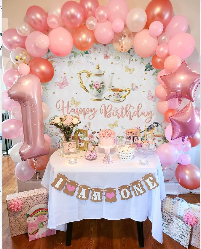 Mocsicka Tea Party Happy Birthday Backdrop Floral Princess Tea Birthday Party Decorations Kids Wonderland Let's Partea Dessert Caketable Banner Photo Booth (5x3ft)