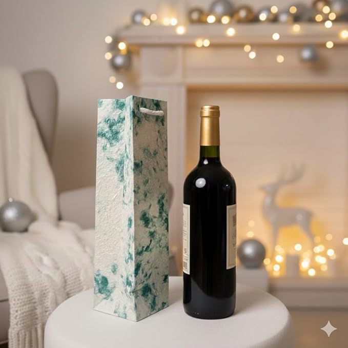Paperry 14" Wine Gift Bag, Handmade Mulberry Paper, Multiple Design, Kozo Paper Bag, Reusable, Eco-Friendly, Single Pack (Green)
