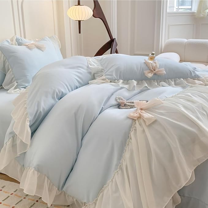 Ruffled Bedding Bow Duvet Cover Set with Butterfly Tie, Princess Style 1 Duvet Cover with 2 Pillowcases,Zipper Closure, No Comforter-Blue,Queen Size