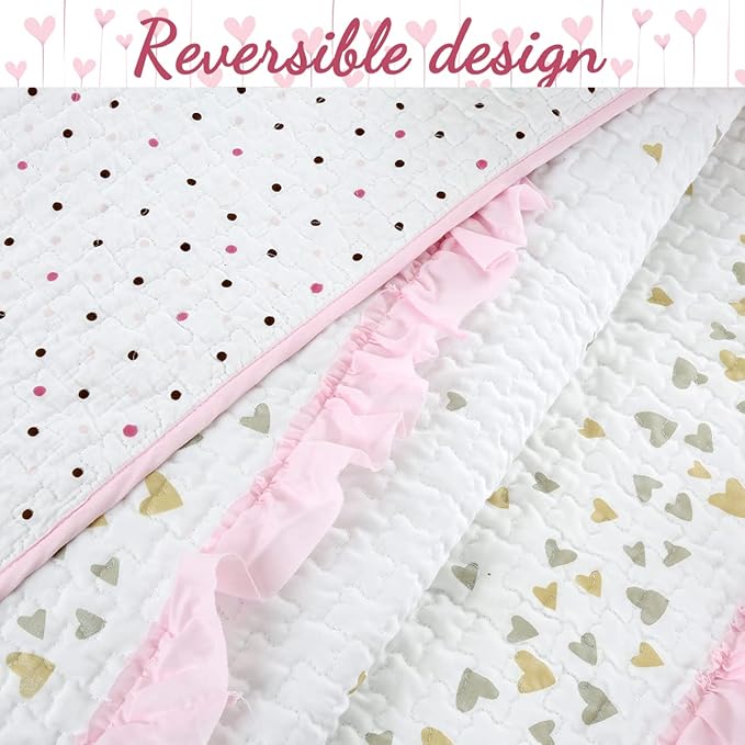 Cozy Line Home Fashions Pink Ruffle Gold Hearts Girl 100% Cotton Reversible All-Season Coverlet, Bedspread, Quilt Bedding Set (Sparkling Hearts, Queen - 5 Piece: 1 Quilt + 2 Shams + 2 Decor Pillows)