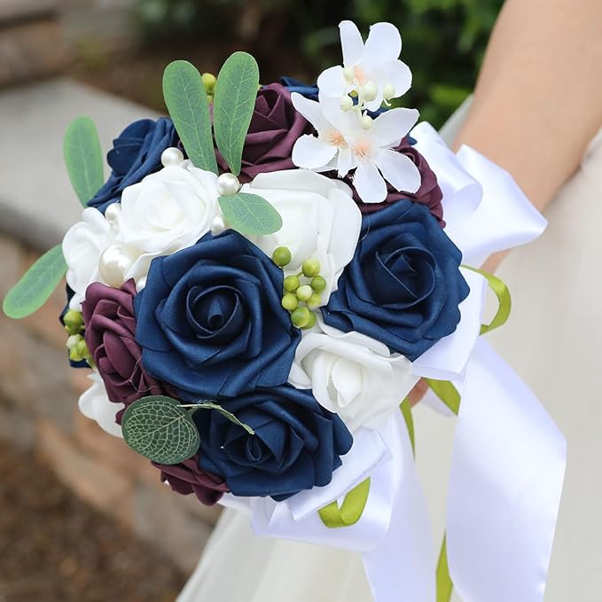 Lightweight Bridal Wedding Bouquet Round Holding Bouquet Throw Toss Artificial Rose Flower Bunch for Bride Bridesmaid Wedding Quinceanera (White, Navy & Dark Puce, 9.1")