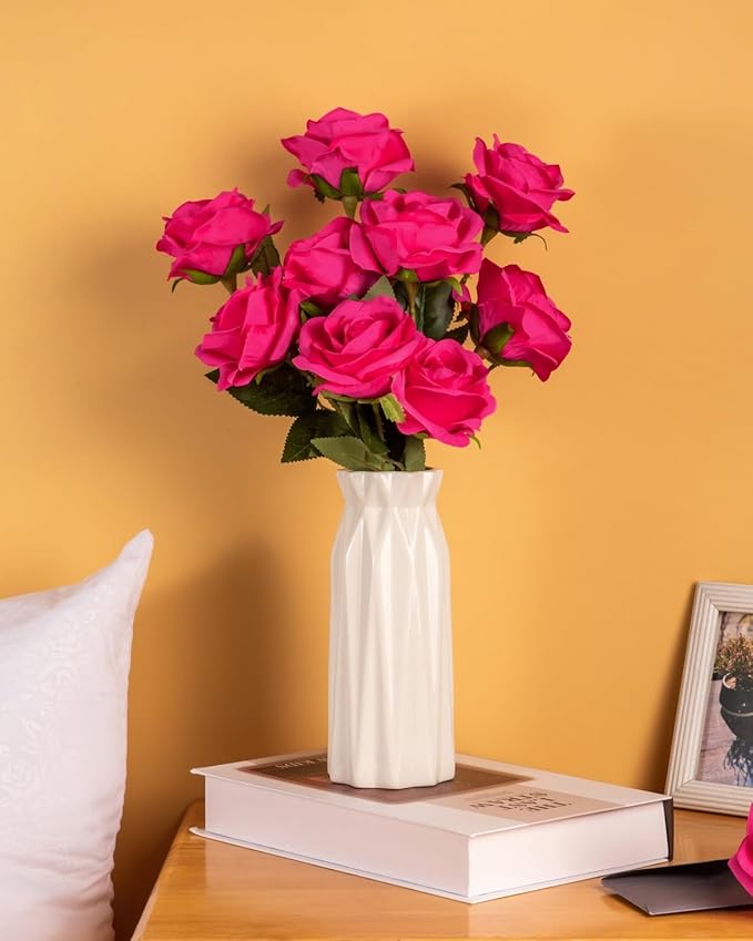 DuHouse 10pcs Silk Roses Artificial Flowers Fake Rose for Arrangement Wedding Party Home Decoration(Fuchsia)
