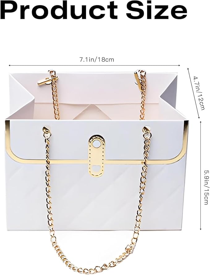 Jemattely 4 Pcs Flower Paper Gift Box,Large Waterproof Bouquet Storage Bucket Florist Handbag with Metal Chain Flower Boxes for Wedding Mother's Day Birthday Bridal Etc Shower Gift Wrap Craft-White