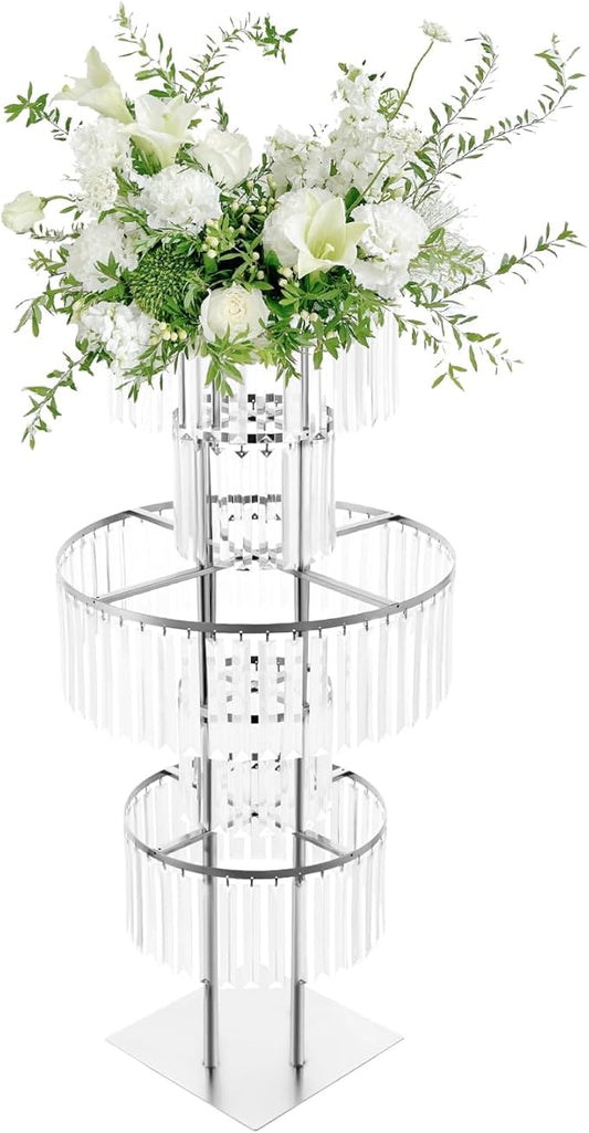 5 Tiers Wedding Centerpieces Vase, 43.3In Silver Acrylic Flower Vase with Hanging Crystals, Square Chandelier Pedestal Stand for Party Table Decoration Lawn Hotel