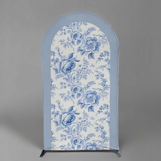 Blue and White Floral Arch Backdrop Cover Vintage Peony Arch Stand Spandex Cover Elegant Toile de Jouy Wedding Baby Shower Birthday Party Decoration French Country Style Background (G4229,6FT)