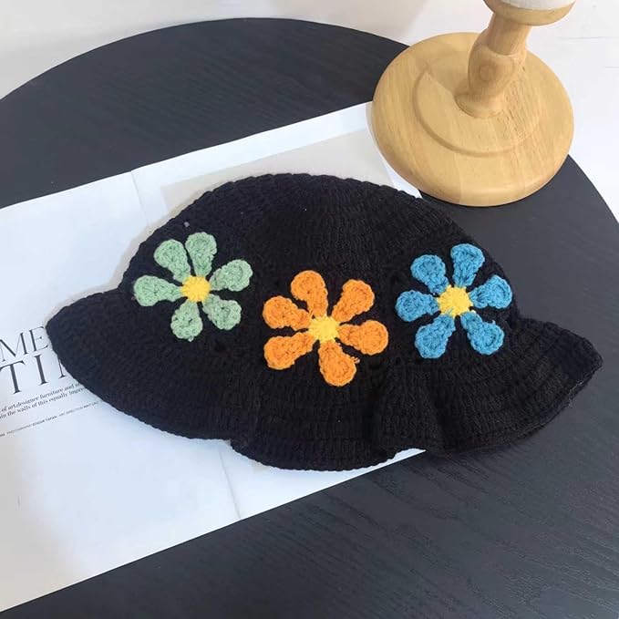 Crochet Bucket Hat for Women Flower Knit Hat Hollow Out Foldable Cap Hats