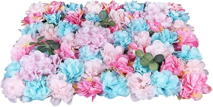 12PCS Flower Wall Panels, 3D Silk Floral Wall Backdrop, Realistic Blue Pink Eucalyptus and Dahlias Flower Backplanes, Roll Up Fake Flower Background for Valentines Wedding Party Home Decoration