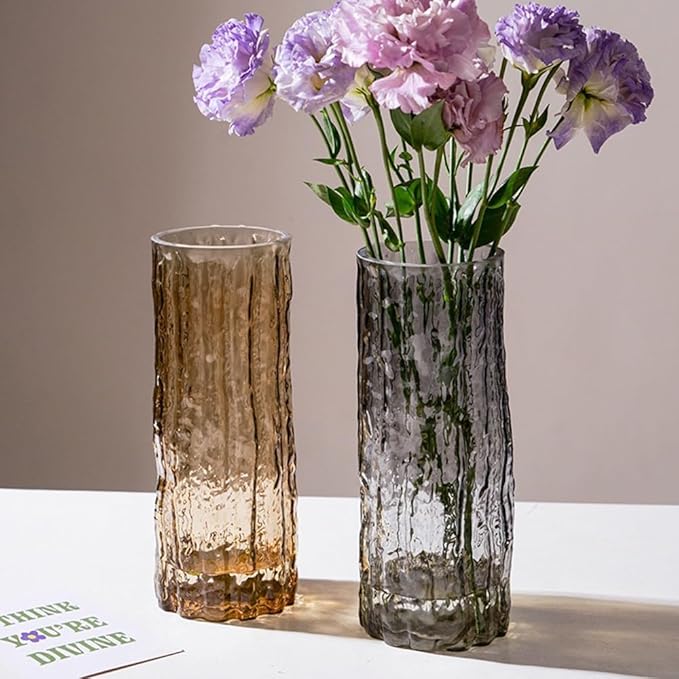 Clear Glass Vase Cylinder 7" Ribbed Thickened Flower Vase Crystal Vase for Modern Centerpieces Home Decor Living Room Bedroom Dining Table Office Wedding Decoration Gift (Amber)