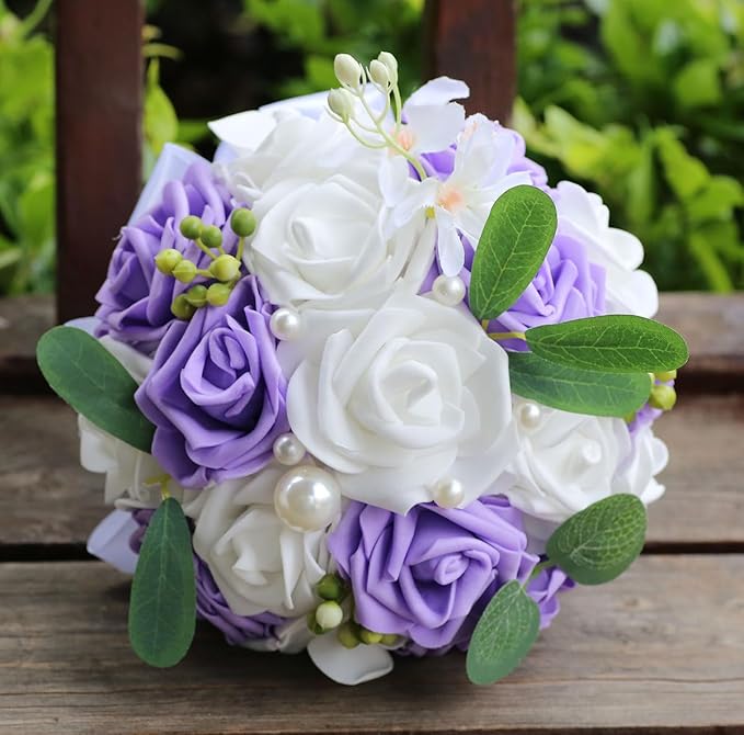 Lightweight Bridal Wedding Bouquet Round Holding Bouquet Throw Toss Artificial Rose Flower Bunch for Bride Bridesmaid Wedding Quinceanera (White & Mid Purple, 9.1")