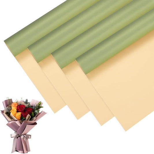 M METERXITY 20 Sheets Flower Wrapping Paper Bouquet, 23 Inch Double-Sided Green & Champagne BOPP Waterproof Floral Wrapping Paper Flower Packaging DIY for Wedding/Party/Gift Bouquet Wrap Paper