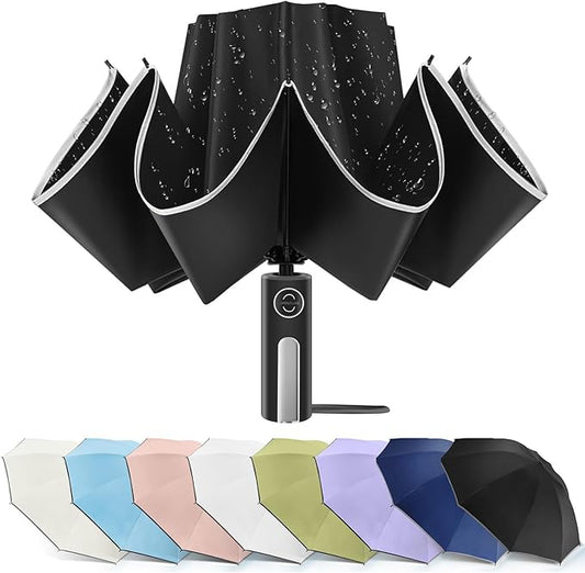 Bodyguard Inverted Umbrella - Large Windproof for Rain & Sun, Compact Reverse With Reflective Stripe, Teflon-Coated for Women Men, Travel Folding With Cover Bag