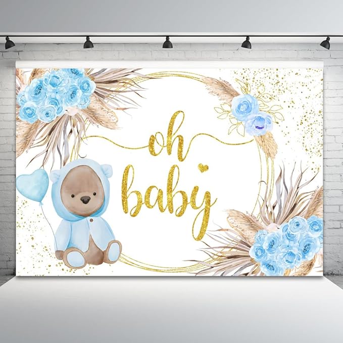 12x8ft Baby Shower Backdrop Oh Baby Photography Background Bear Blue Flowers Boho Leaves Heart Balloon Gold Dots Kid Birthday Party Banner Decorations Newborn Gender Reveal Photo Booth Prop
