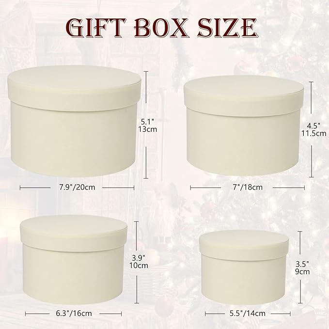 GnFlus Round White Gift Boxes with Lids for Presents Set of 4 Velvet Nesting Gifts Box for Arrangements Flowers Wedding Birthday Mothers Valentines Bridesmaid Christmas Party Anniversary