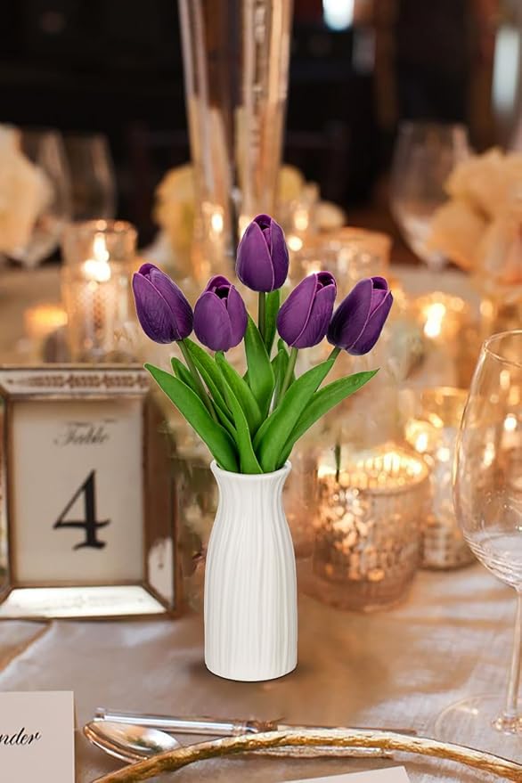 Briful 2 Packs Faux Flowers Artificial Tulips with Ceramic Vase, Poly Foam Purple Tulips Real Touch Flower Arrangement for Home Kitchen Wedding Centerpiece Decoration