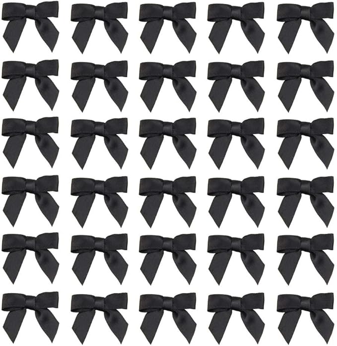 7Rainbows 50pcs Boutique 1.5" Black Satin Ribbon Mini Bows for Craft Sewing Scrapbooking Wedding and Gift Wrapping